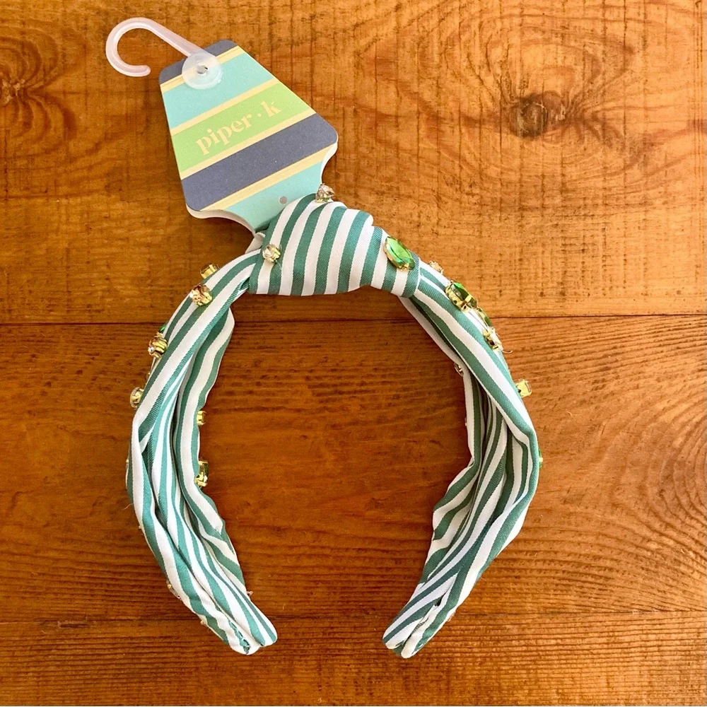 NEW Piper K Striped Knotted Headband with Goldtone, Green and Clear Rhinestones